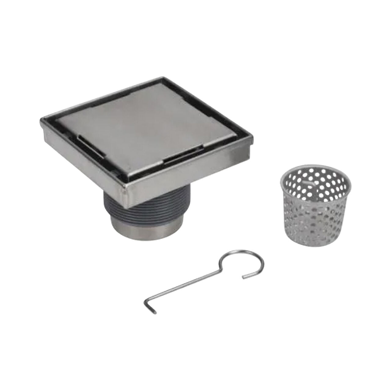 The Go Build 6 in. x 6 in. Designline Stainless Steel Square Shower Drain with tile-in pattern cover has a removable perforated strainer basket and metal hook tool, all shown on a white background.